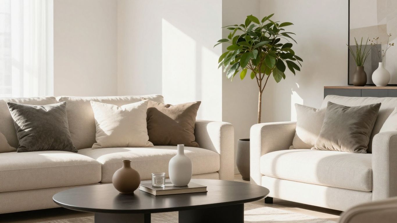 Modern living room with sofa and decorative items.