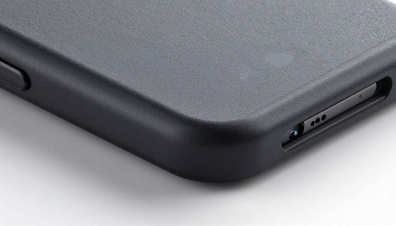 A close-up view of the reinforced corner of a dark, textured, protective phone case fitted on a generic smartphone.