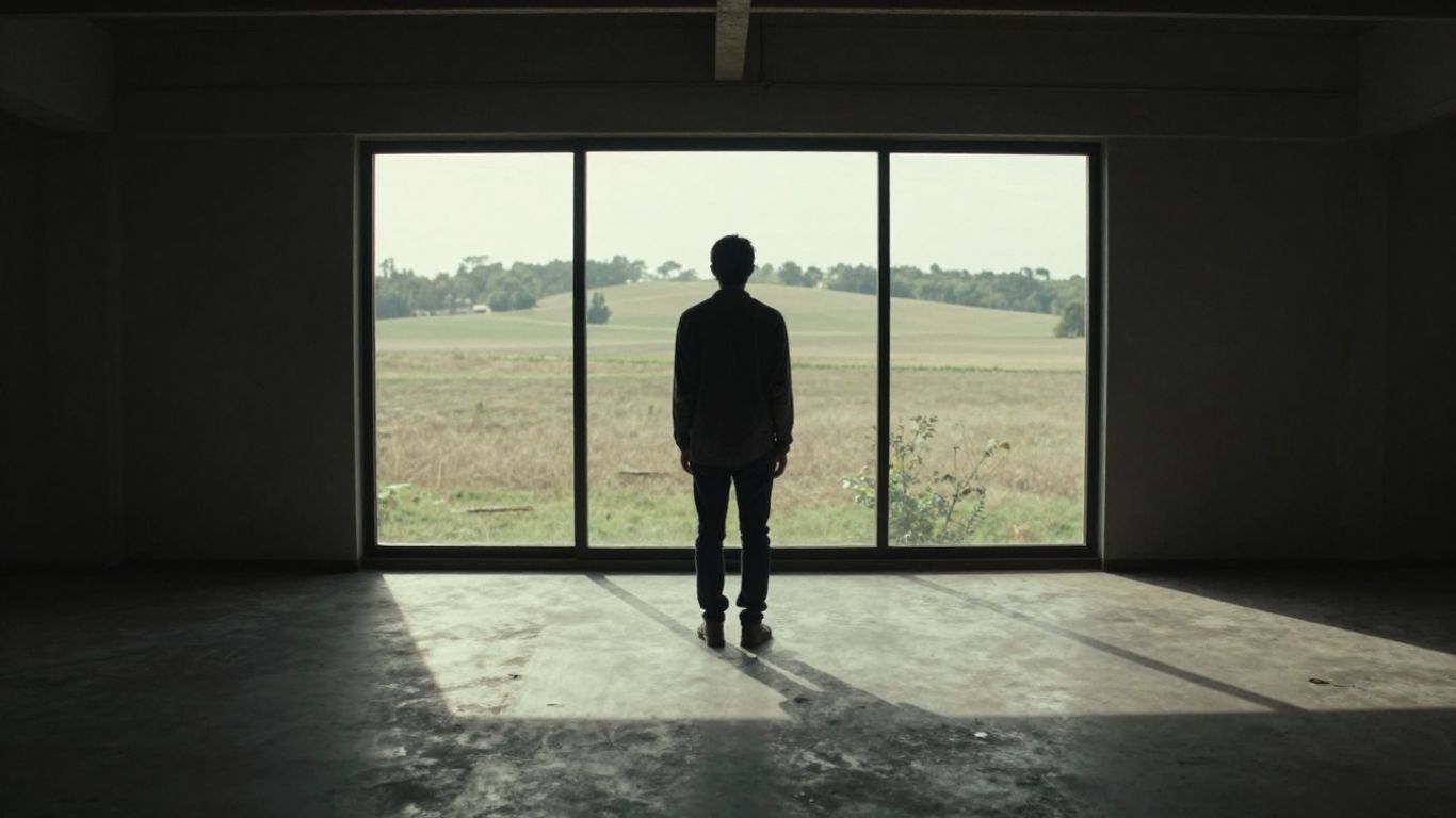 Person blickt sehnsüchtig aus dunklem Fenster ins Licht