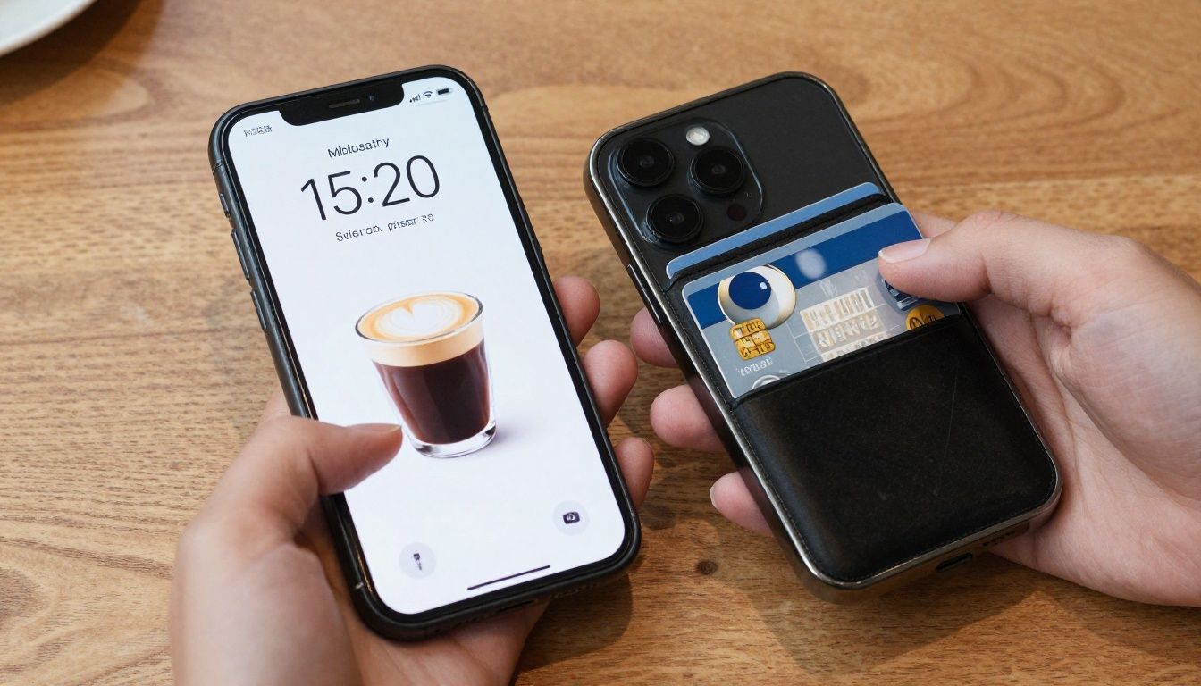 Someone paying for a coffee at a Melbourne cafe using a card from their iPhone 15 wallet case.