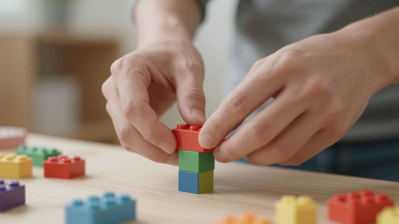 Mâini aranjând blocuri mici, colorate, simbolizând investiții.