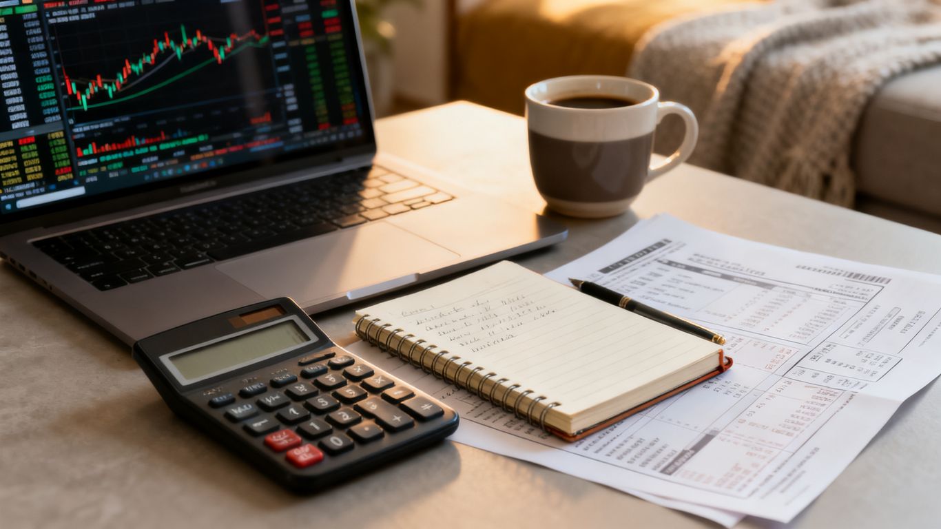 Calculator beside trading notes and account statements
