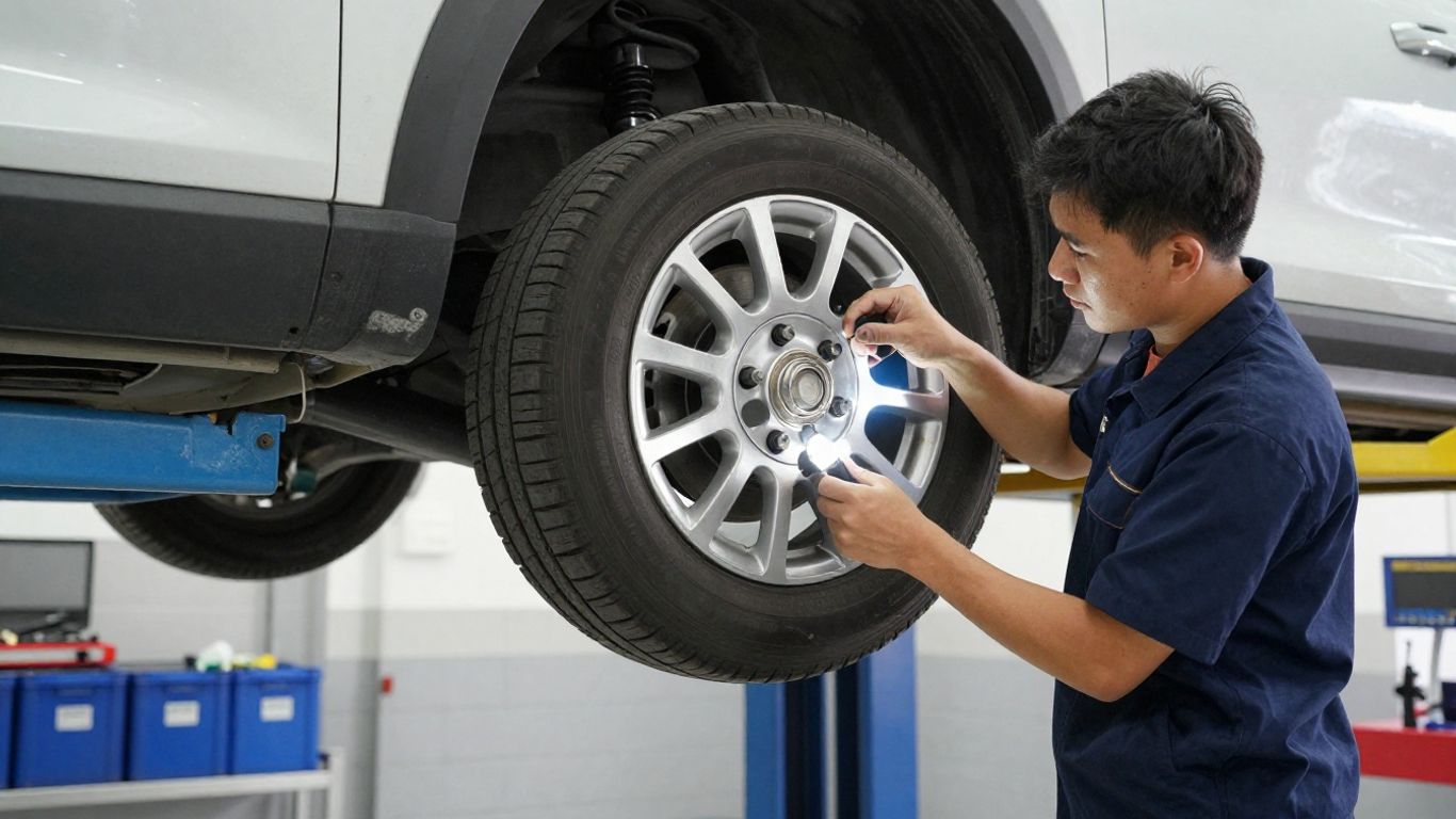 Mechanic checking vehicle suspension safely