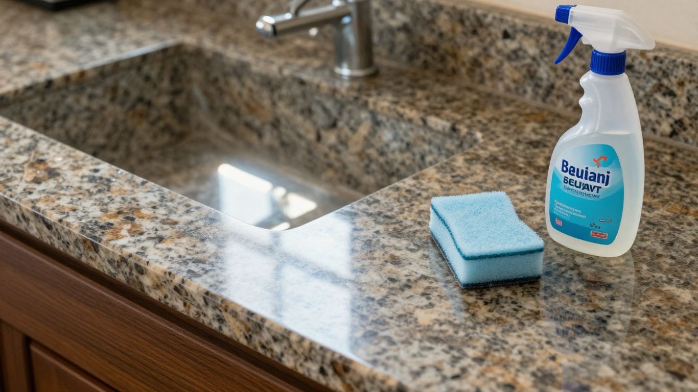 Polished granite countertop with cleaning supplies.
