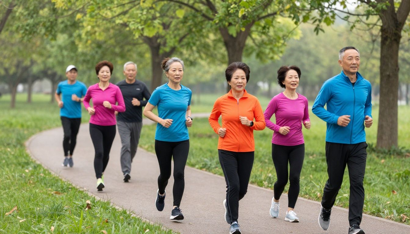 A diverse group of adults in their 40s and 50s jogging together on a scenic park trail at sunrise, looking energetic and healthy.