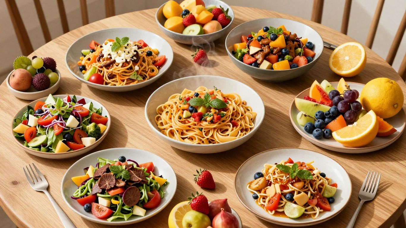 Table filled with diverse and colorful food dishes.