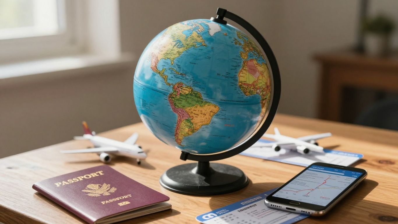 Travel planning with flight calculator and globe.