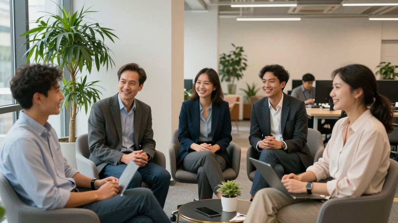 Profissionais diversos sorrindo em ambiente de escritório moderno