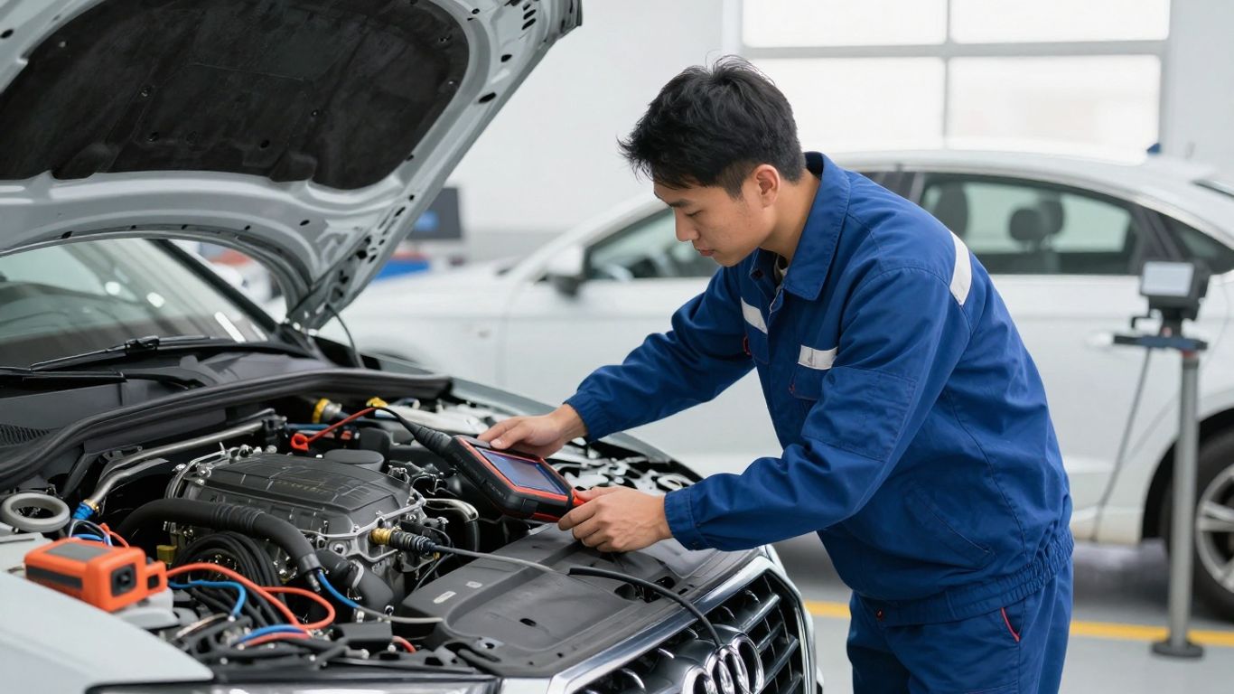 Technician scanning Audi transmission during workshop inspection