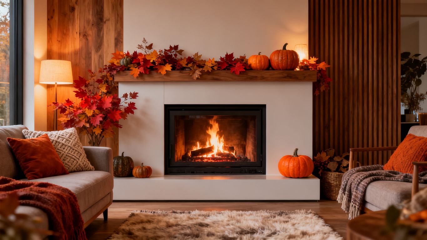 Cozy fireplace with autumn decor transitioning to fall.