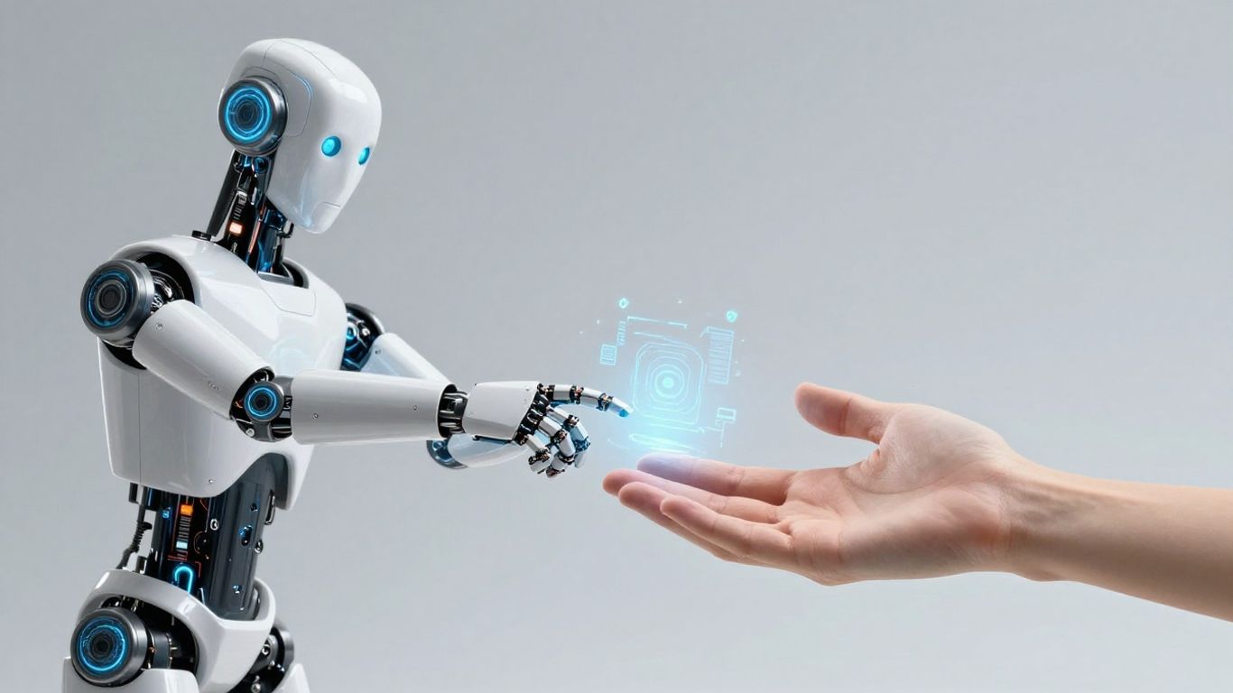 Robot and human hands collaborating for customer service.