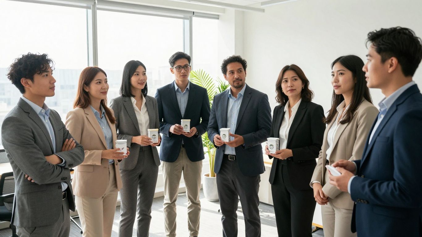 Herbalife distributors in a meeting discussing business opportunities.