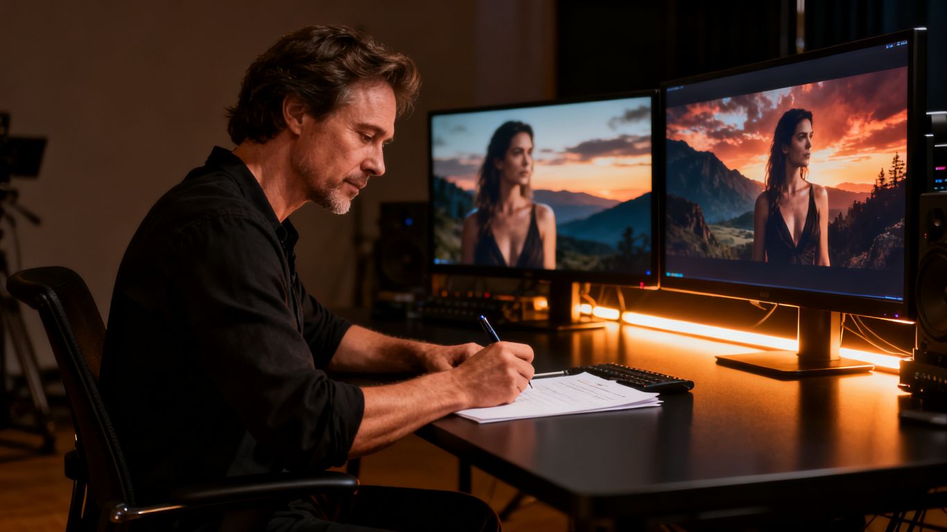 Adult filmmaker writing detailed prompts beside cinematic video previews