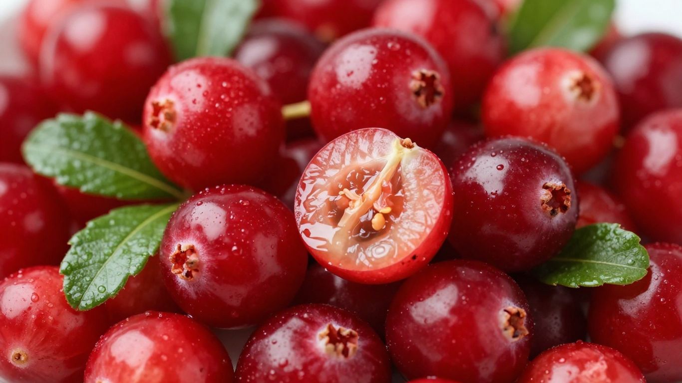 Cranberries and green leaves, close-up