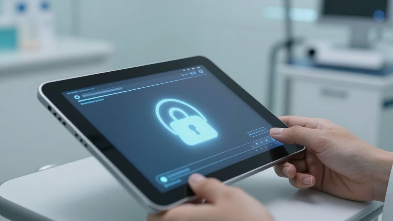 Dermatology clinic with secure AI chat interface on tablet.