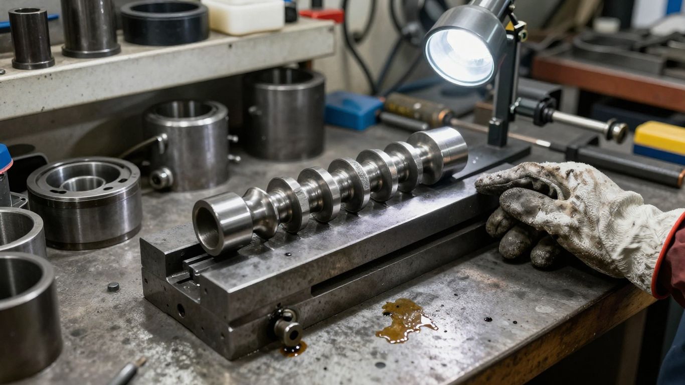 Used crankshaft inspection on workshop bench