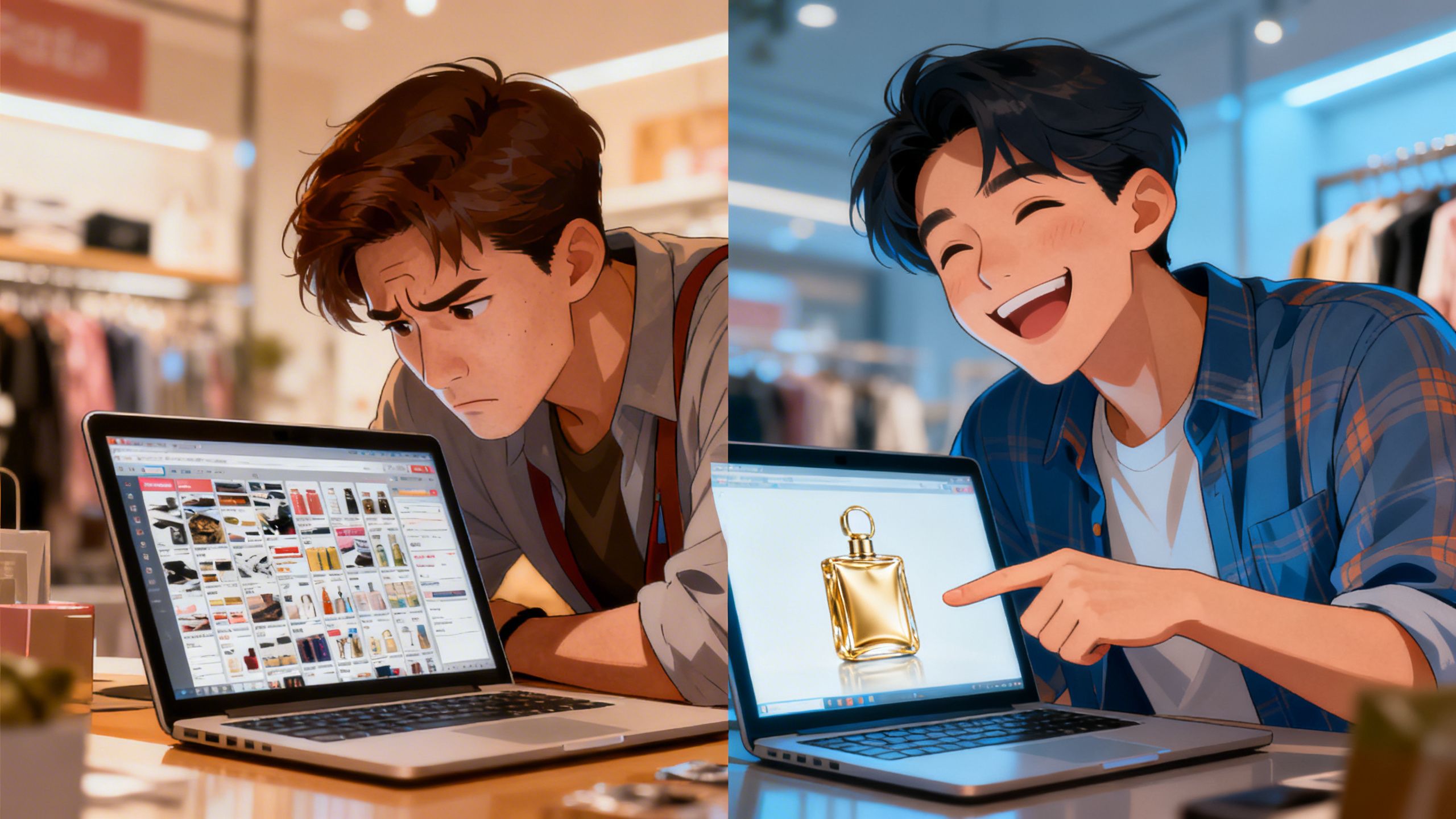 An image of a frustrated shopper looking at irrelevant search results on a laptop, contrasted with a happy shopper easily finding the perfect item.