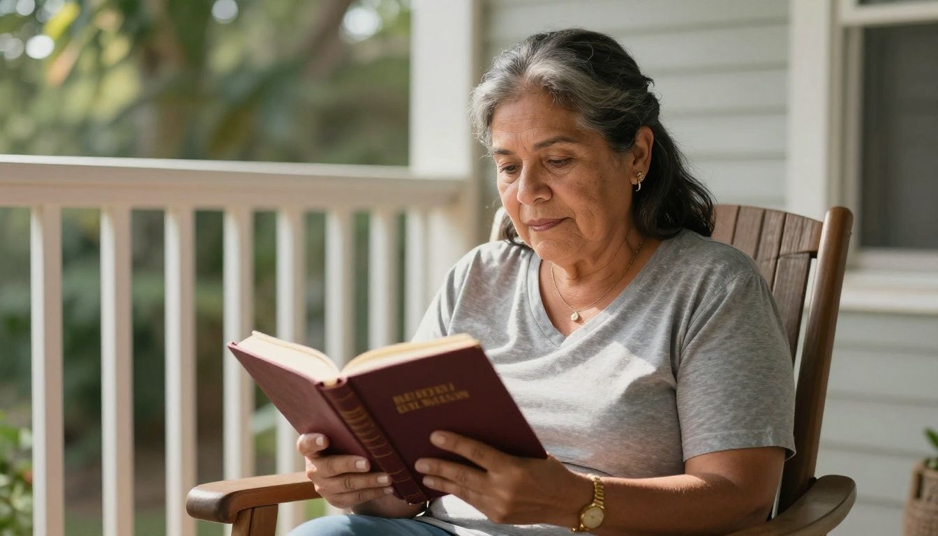 A middle-aged Hispanic woman sits on her sunlit porch with a journal and a Bible, a thoughtful and peaceful expression on her face as she reflects.
