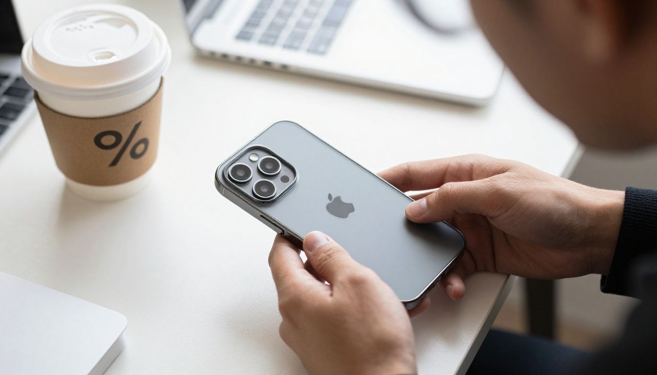A person carefully putting a new, clear case on their iPhone 16 Pro, with a cup of coffee on the desk beside them.