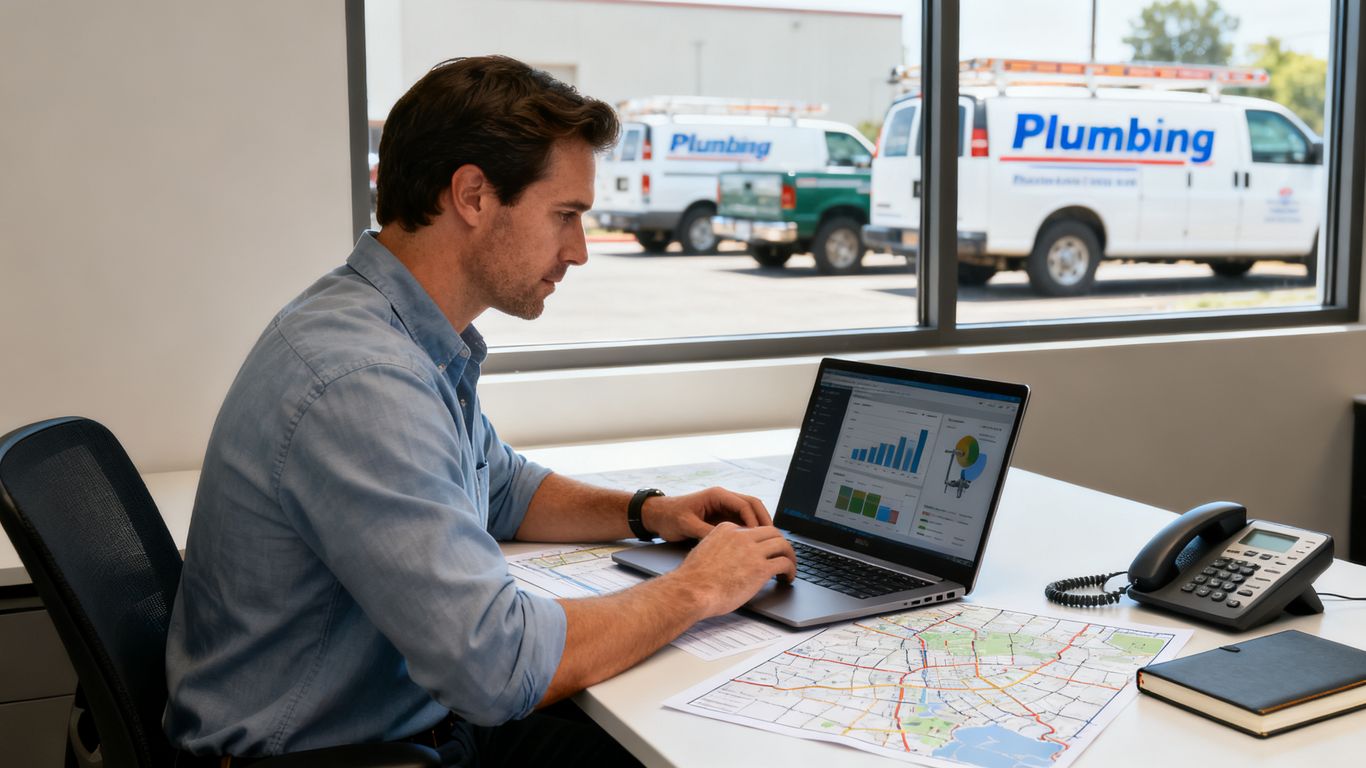 Marketing manager reviewing plumbing campaign performance