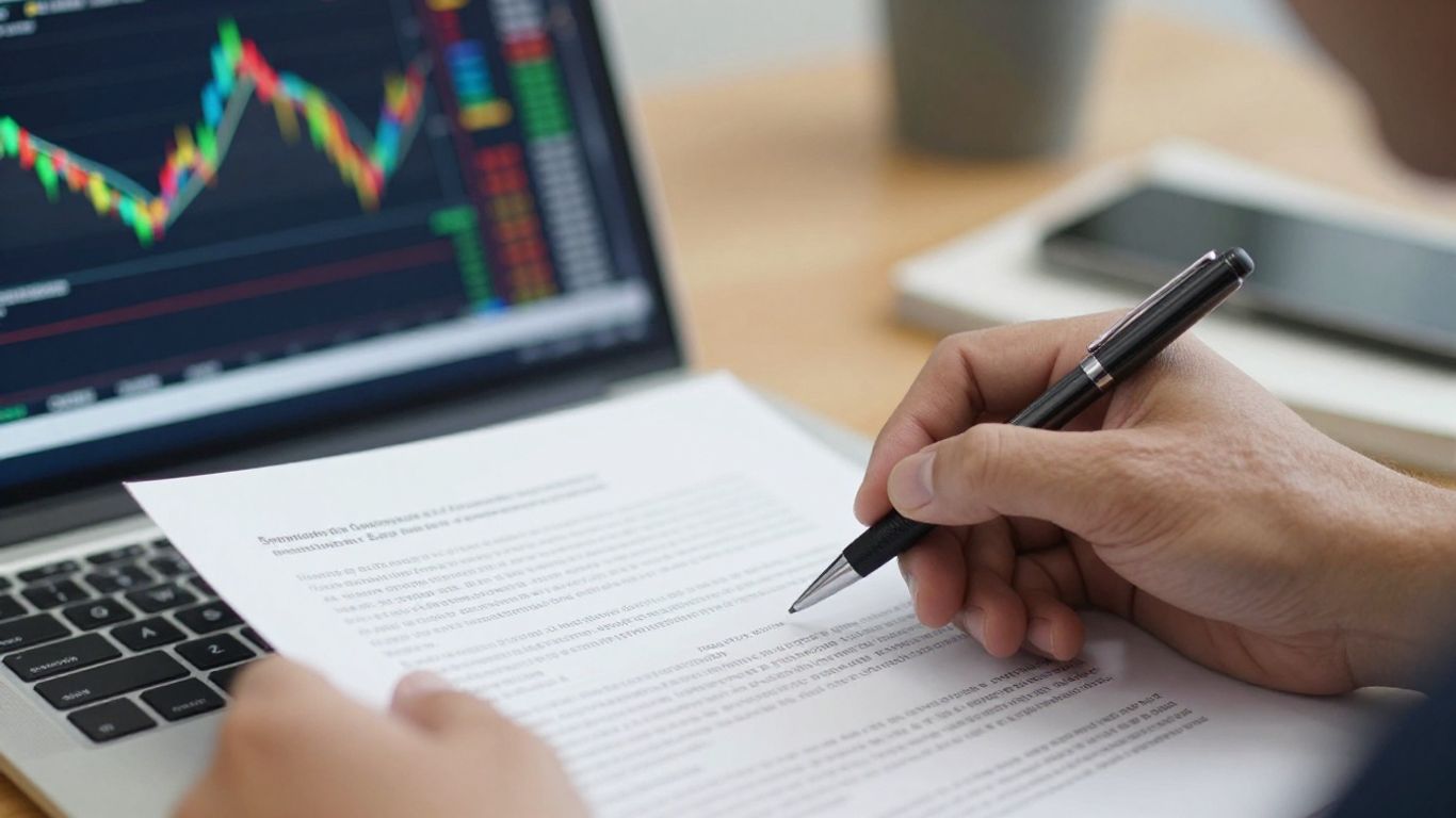 Trader analyzing stock chart patterns on a laptop and document.