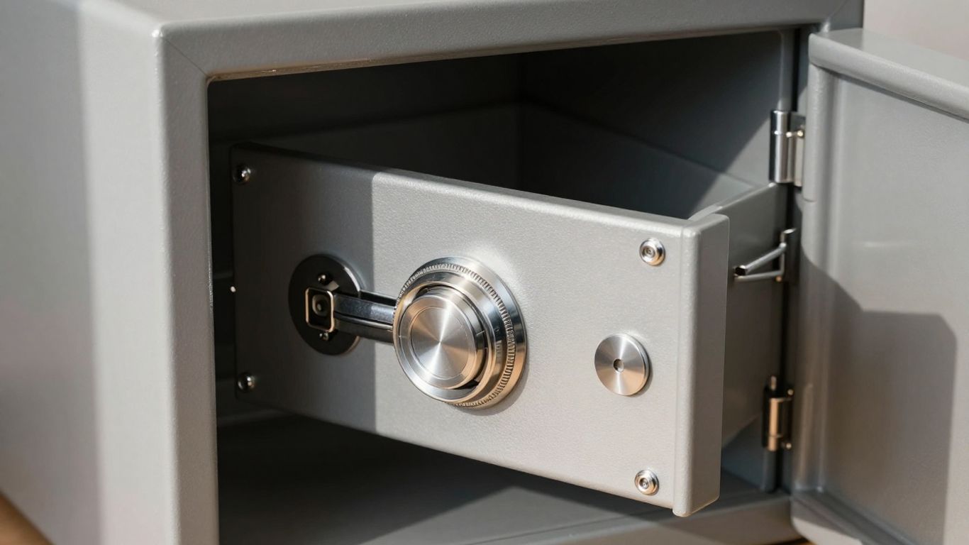 Modern safe with secure interior and polished metal finish.