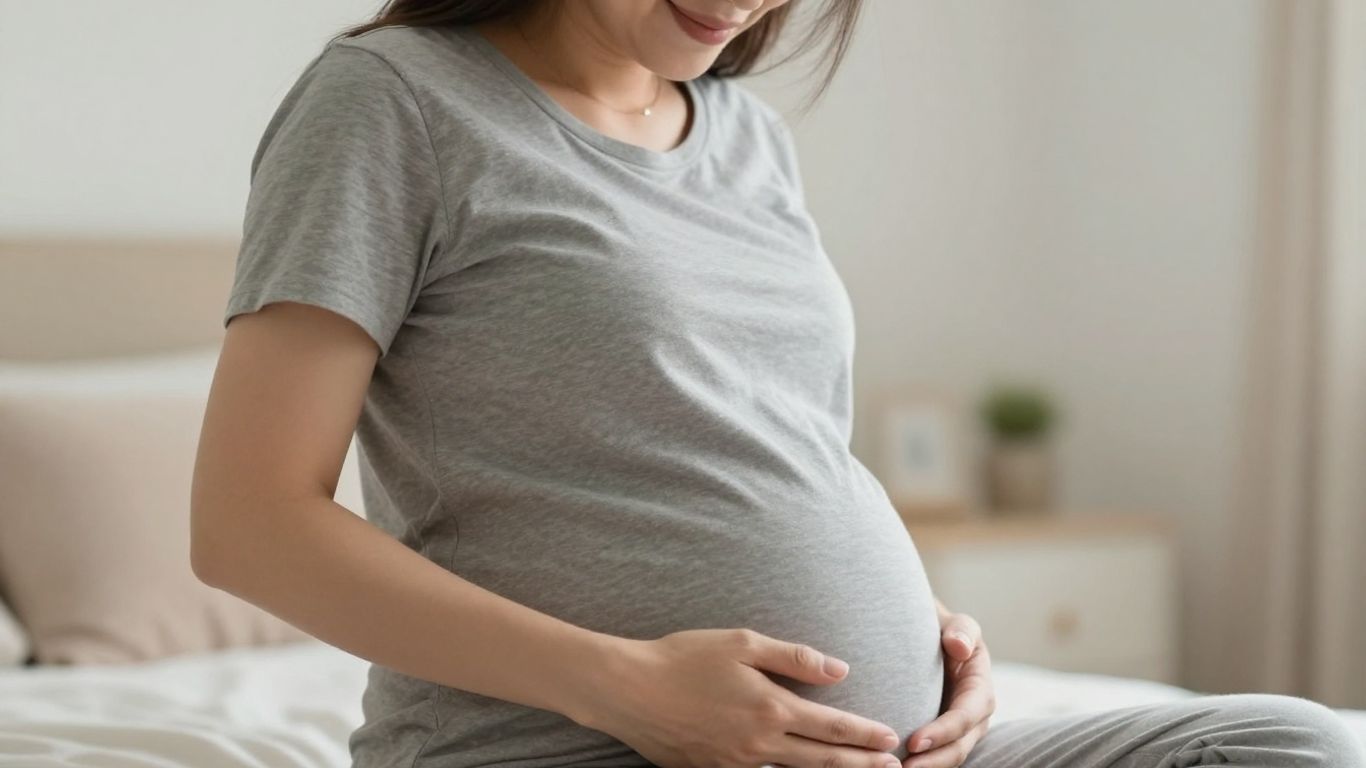 Mujer embarazada en el tercer trimestre, acariciando su vientre.