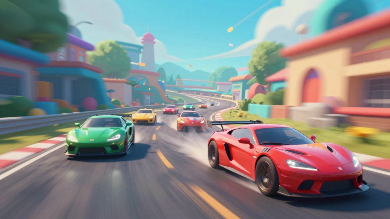 Colorful game cars racing on a dynamic track.
