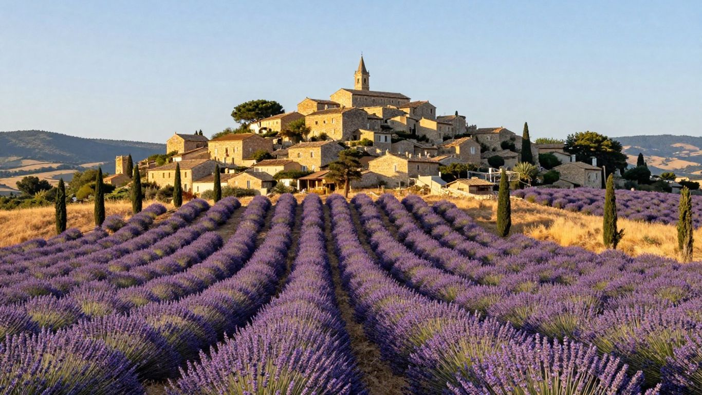 Stone village above lavender fields in Provence