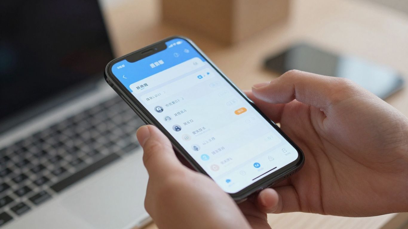 Hands holding smartphone with digital interface