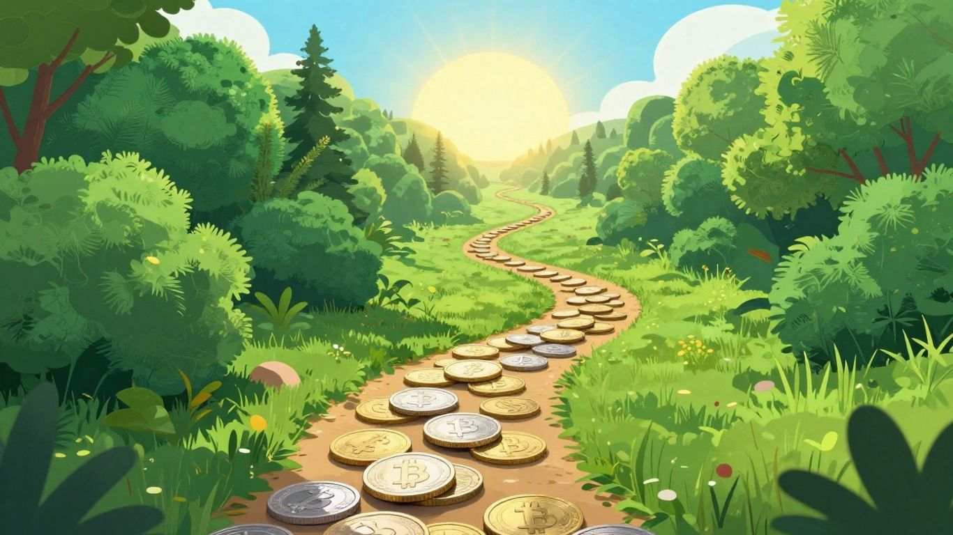 Affiliate marketing growth path with coins and bright horizon.