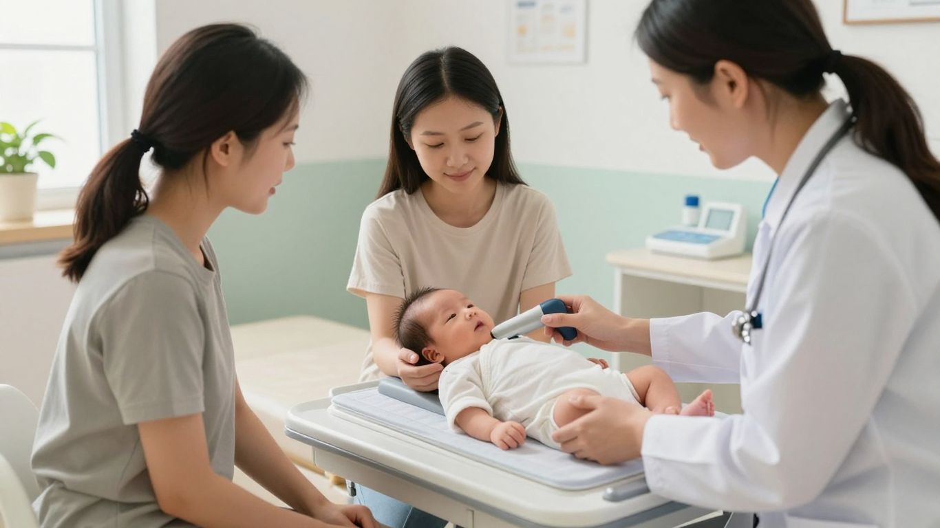 Pediatra midiendo bebé en consulta luminosa