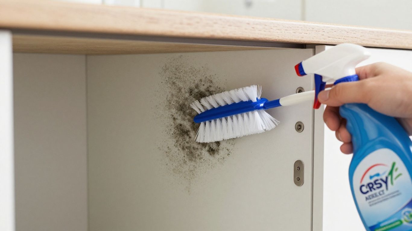 Moldy kitchen cabinet being cleaned