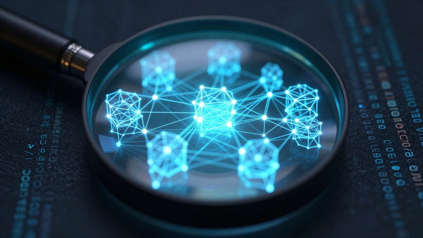 Magnifying glass over blockchain network