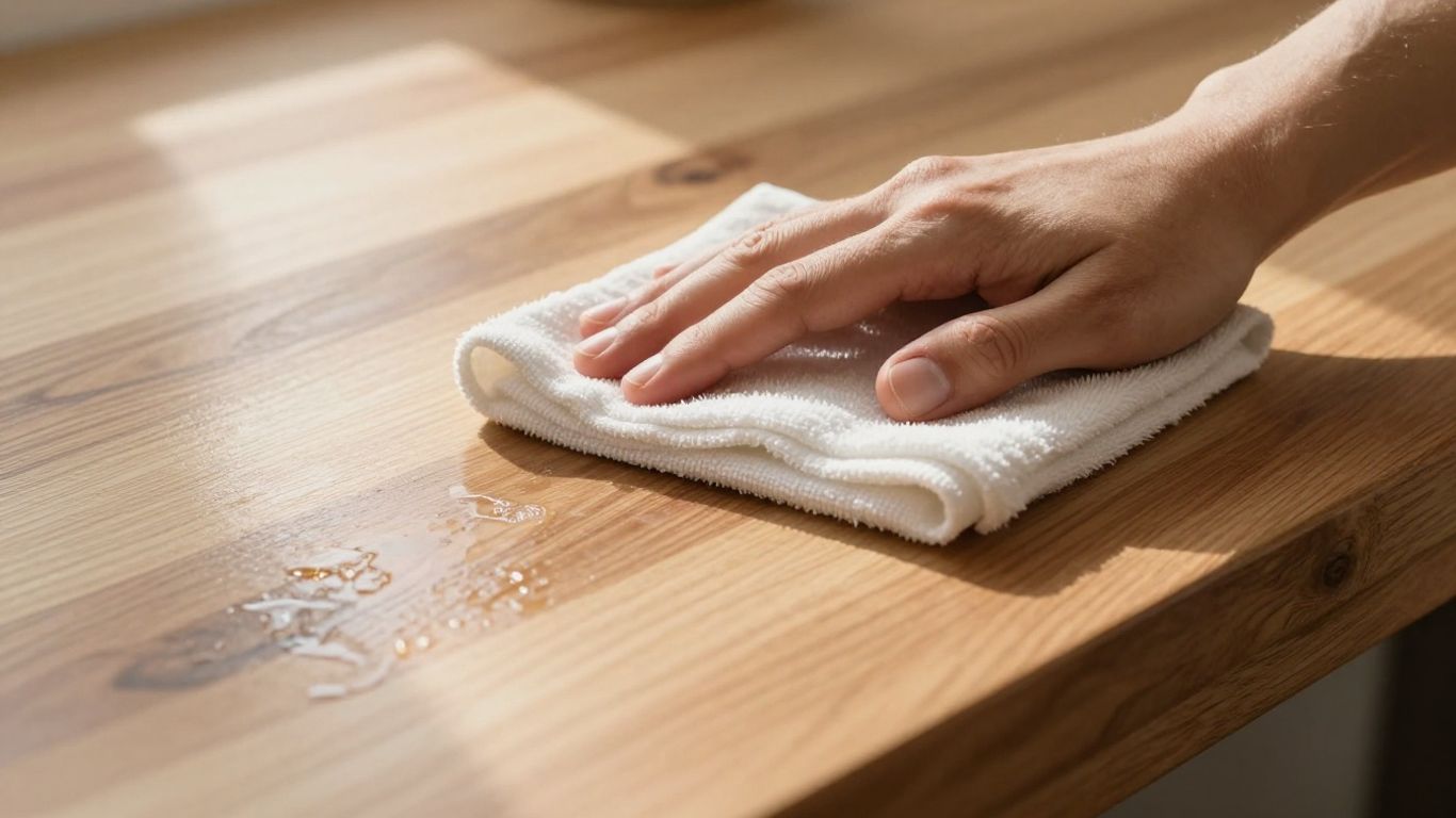 Polished wooden worktop being cleaned with a cloth.