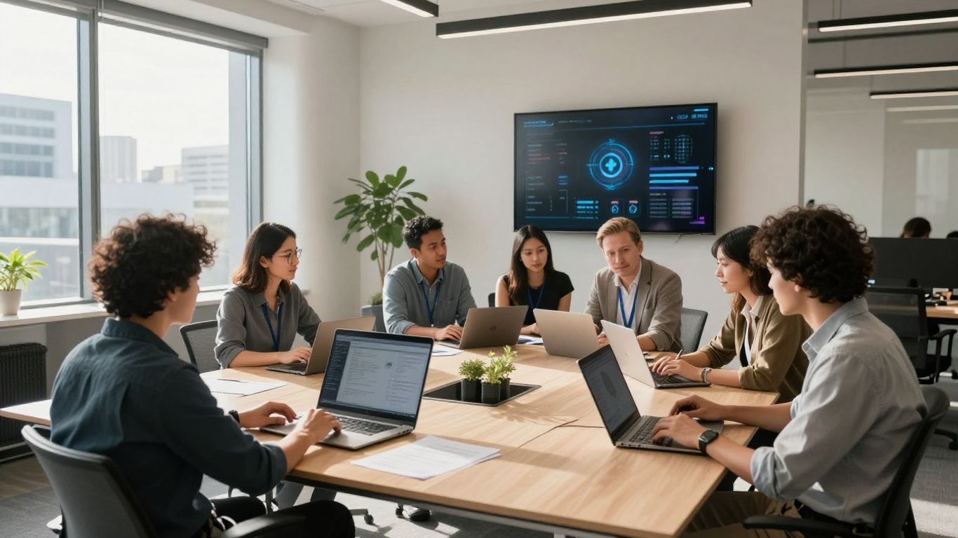 Team collaborating in a modern Perth office with AI technology.