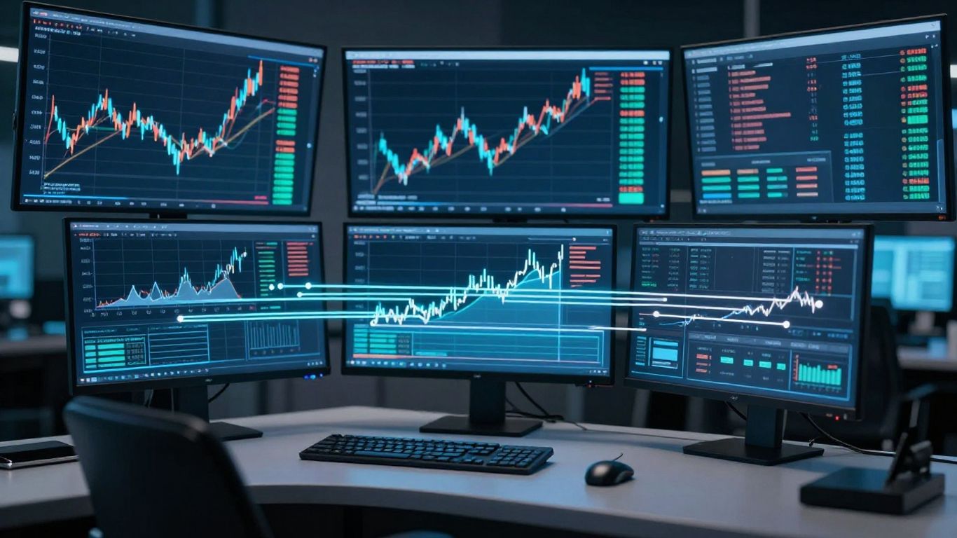 Automated trading desk with glowing data streams.