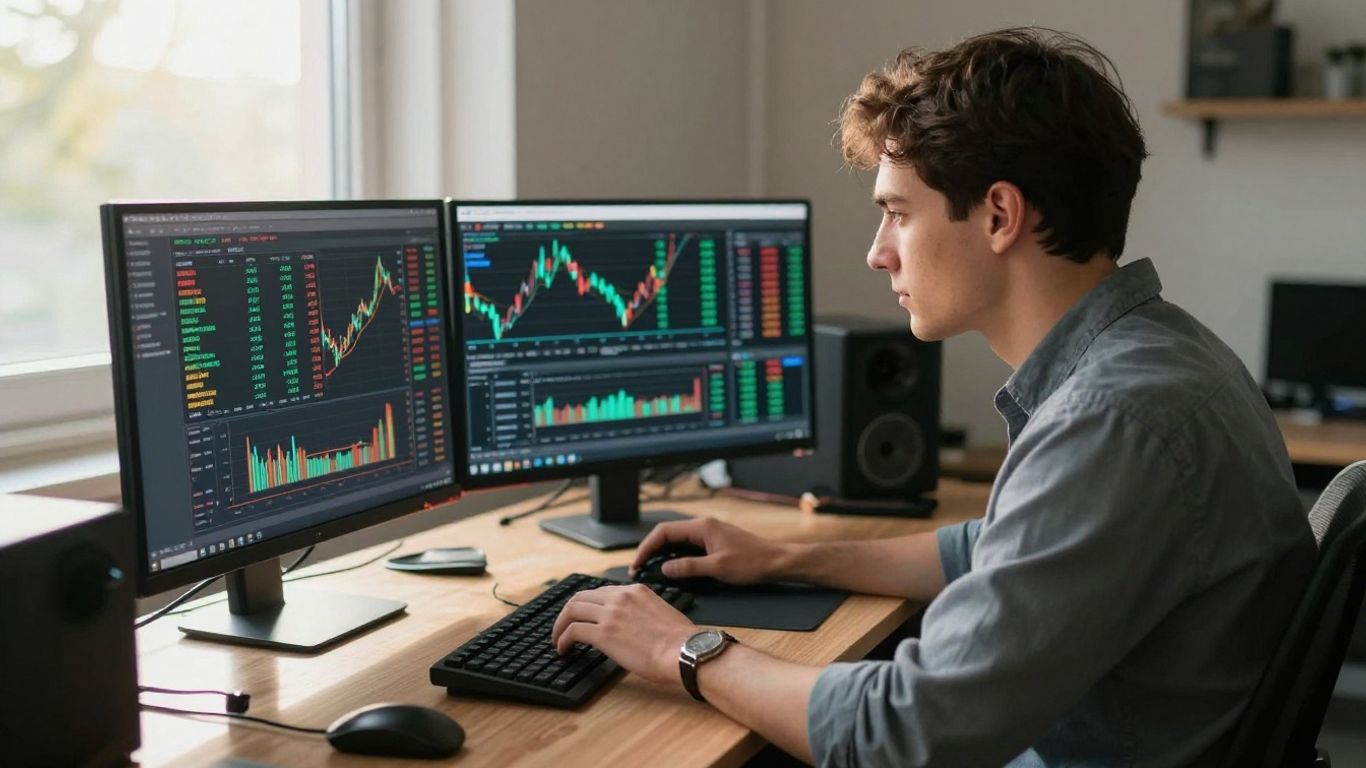 Trader focused on financial data on monitors.