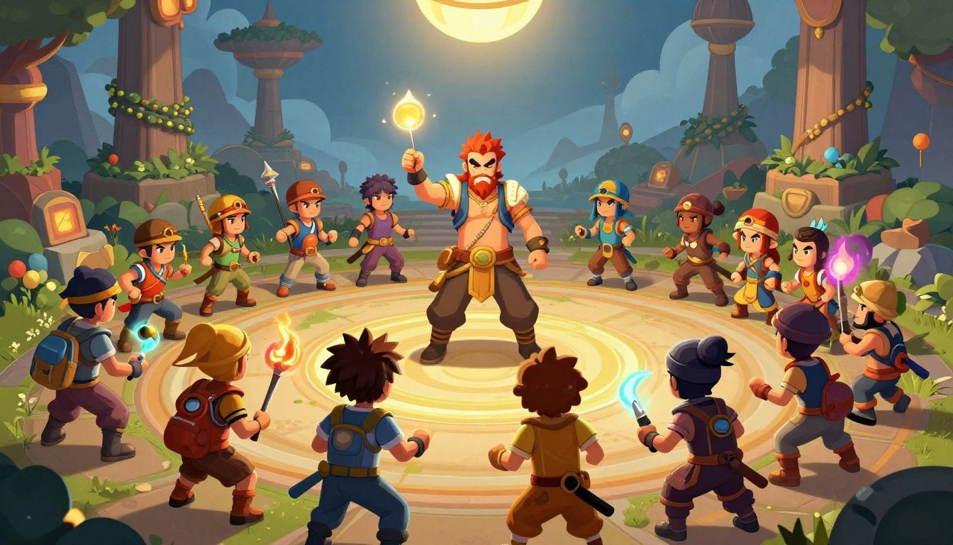 Uma ilustração vibrante de uma batalha estratégica em uma arena de MOBA com diversos personagens preparando habilidades especiais