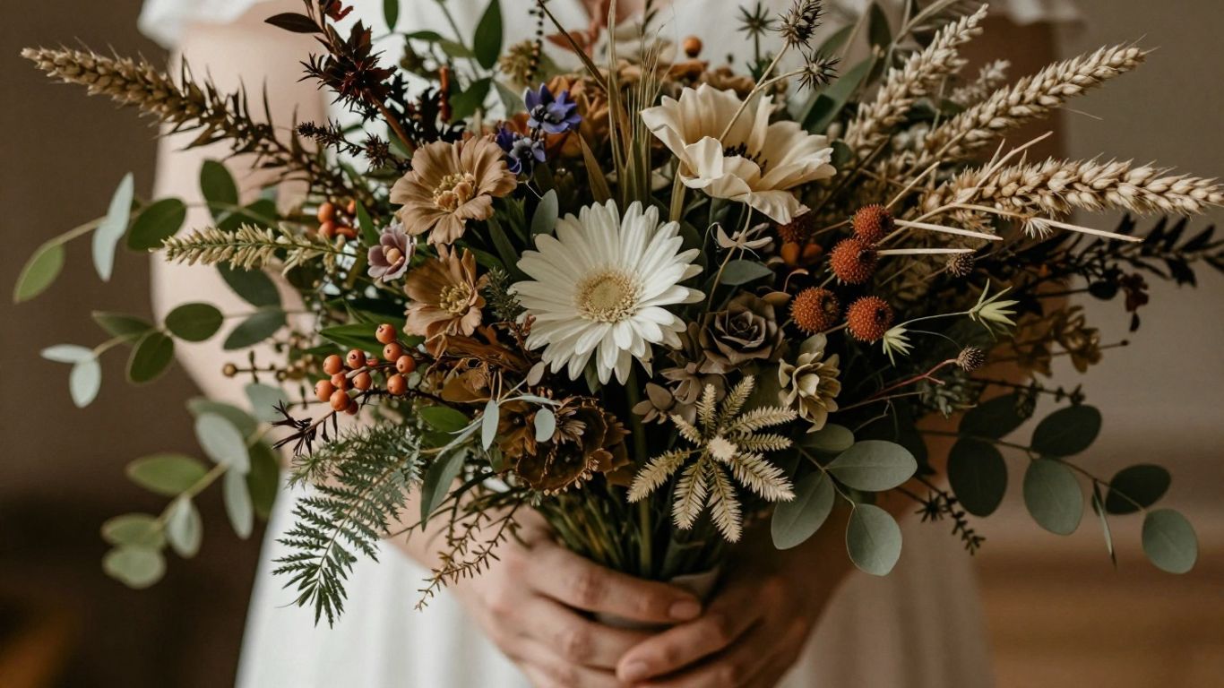 Rustic wedding bouquet with wildflowers and greenery.