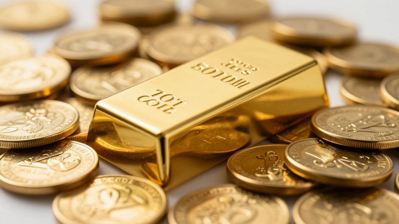 Lingots et pièces d'or brillants, gros plan.