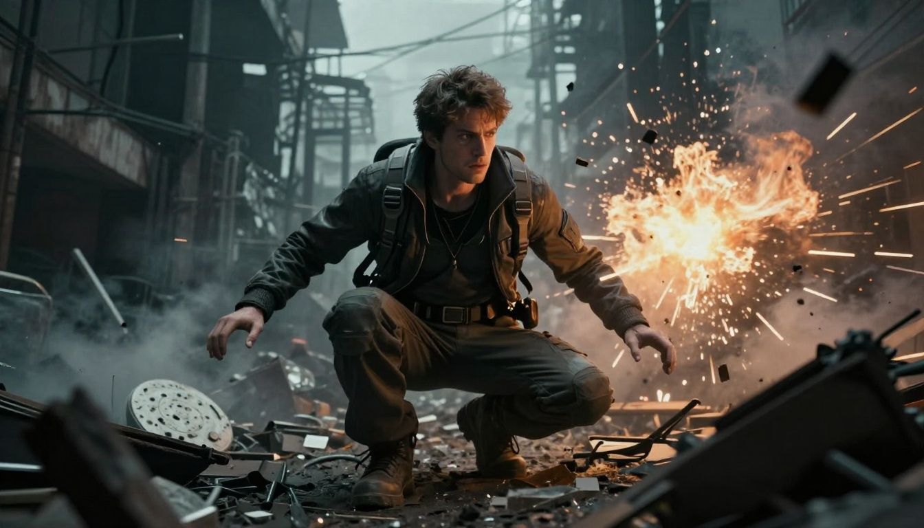 Um mundo aberto vibrante com explosões cinéticas e um protagonista usando um traje de voo em meio ao caos da destruição