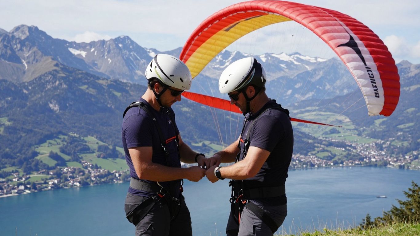 Tandem paragliding preparation near Alpine lake