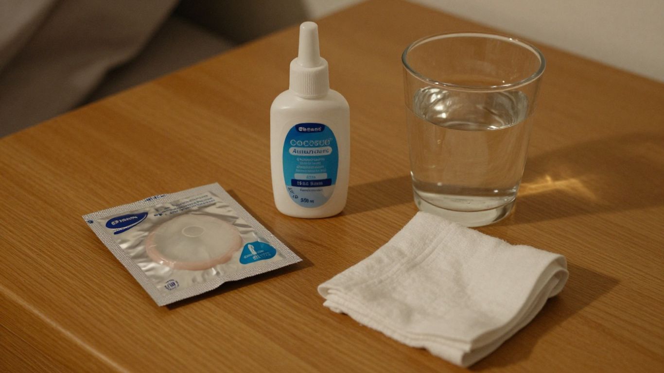 Condom package and lubricant bottle on bedside table