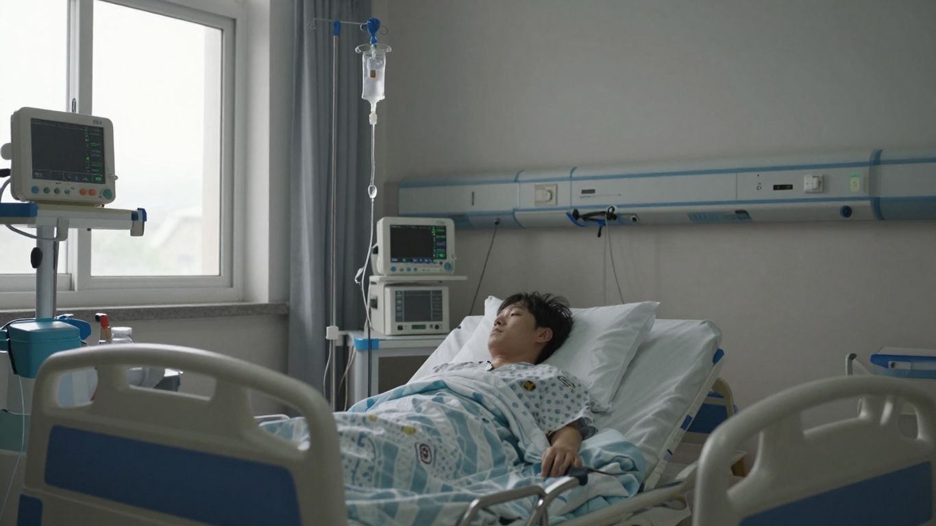 Sală de spital cu pacient și echipament medical.