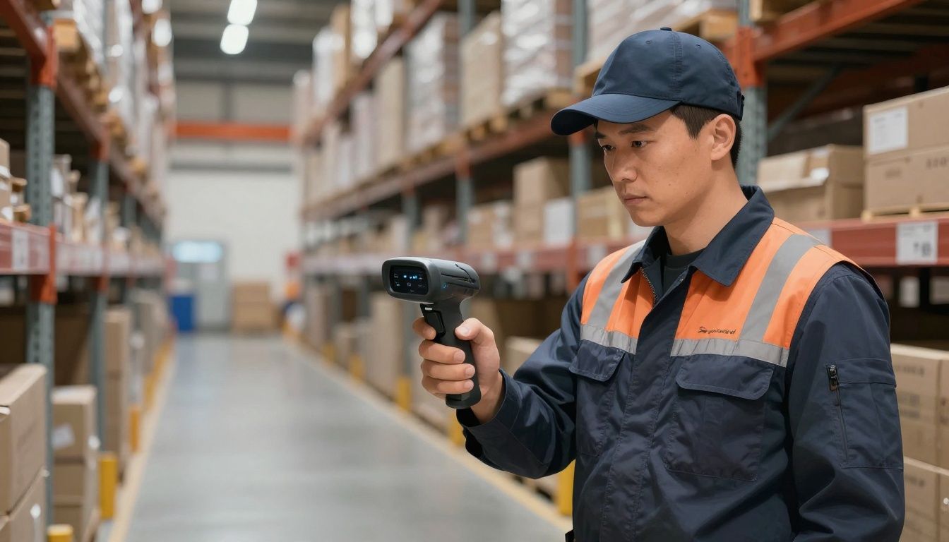 An illustration of a warehouse worker using a handheld scanner guided by an optimization system.