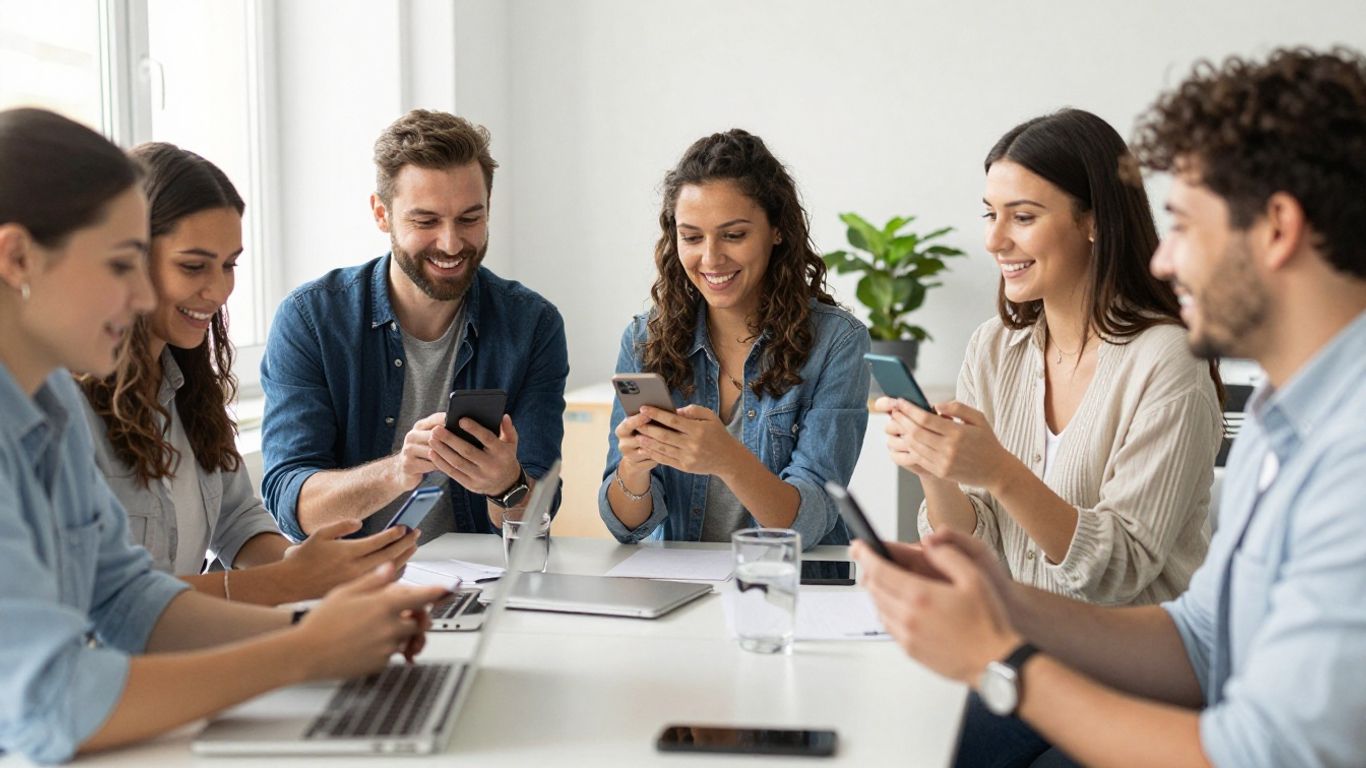 Personas sonriendo y usando teléfonos en una oficina moderna.