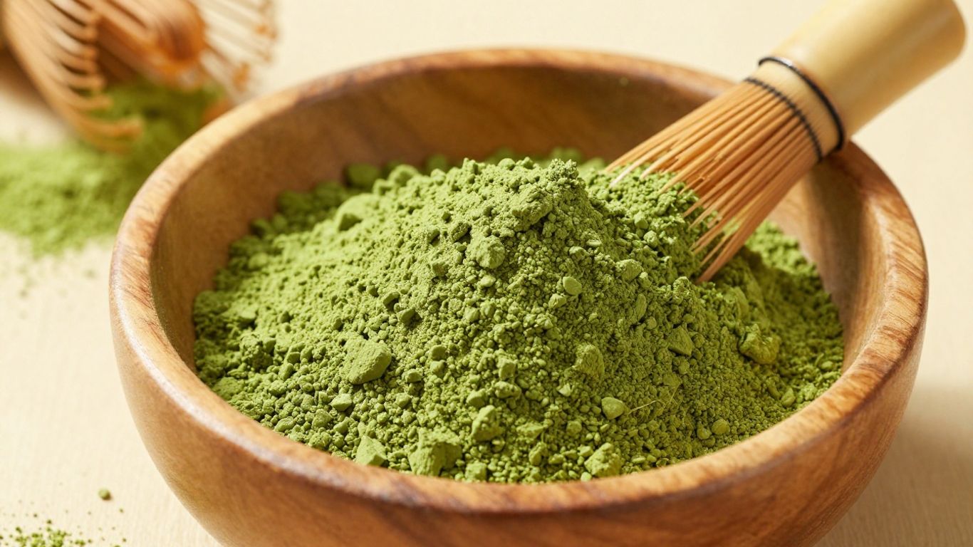 Bulk organic matcha powder in a bowl with a whisk.