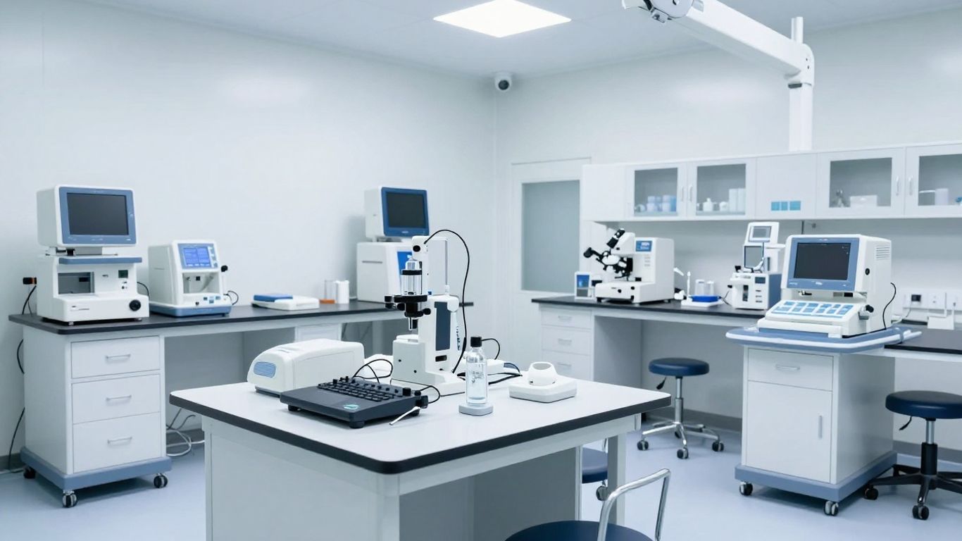 Laboratoriemiljö med medicinsk utrustning och personal