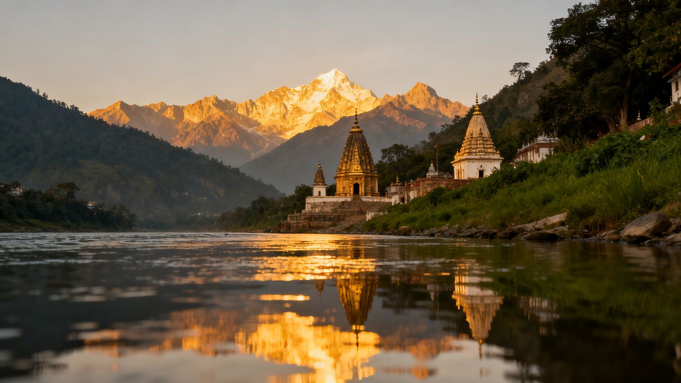 Sacred Maa Ganga river flowing through a mystical landscape.